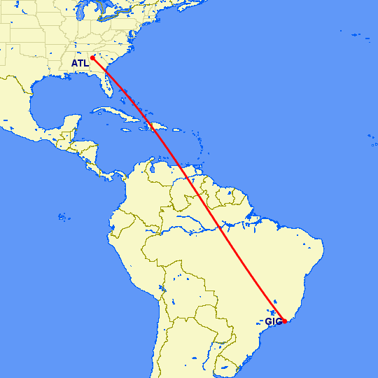 перелет Атланта — Рио-де-Жанейро на карте