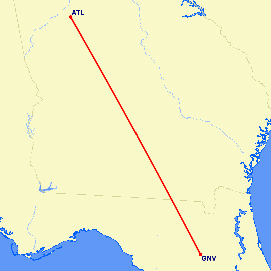 перелет Атланта — Гейнсвилль на карте