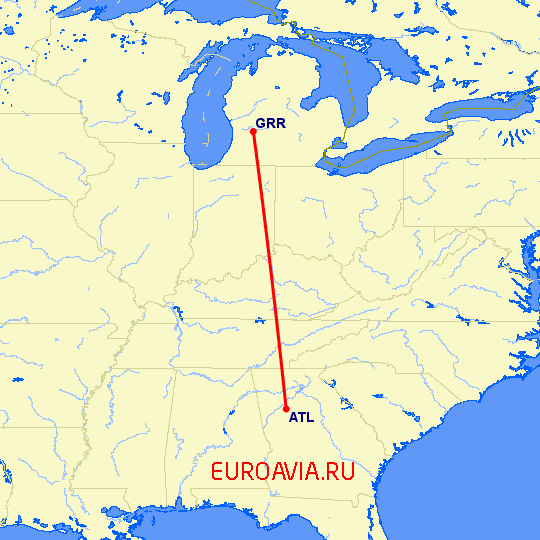 перелет Атланта — Гранд Рапидс на карте