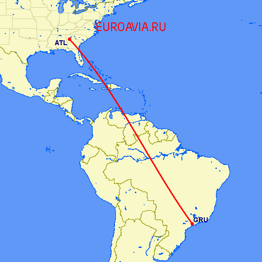 перелет Атланта — Сан Паулу на карте