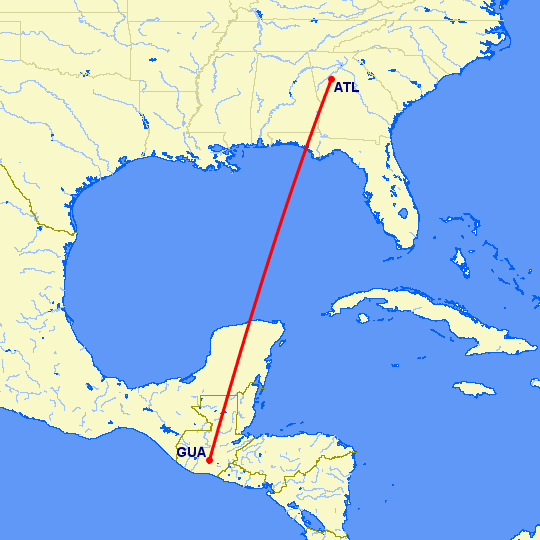 перелет Атланта — Гватемала Сити на карте
