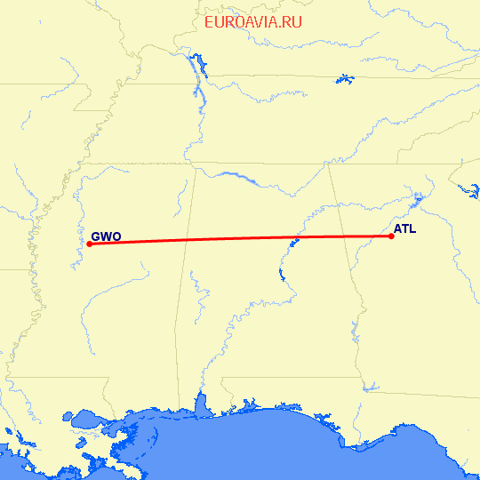 перелет Атланта — Greenwood на карте