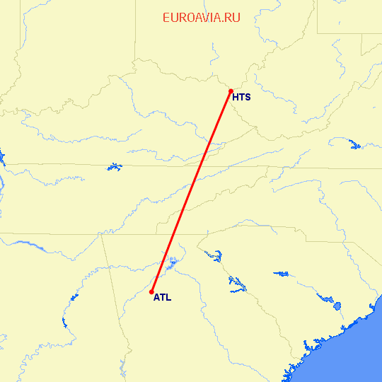 перелет Атланта — Хантингтон на карте