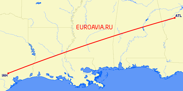 перелет Атланта — Хьюстон на карте