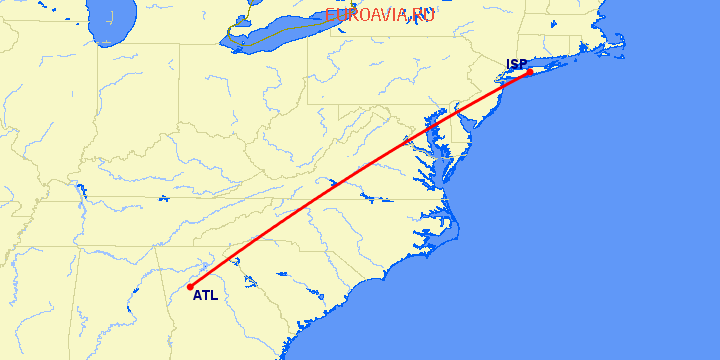 перелет Атланта — Islip на карте