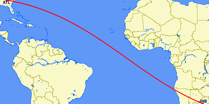 перелет Атланта — Йоханнесбург на карте