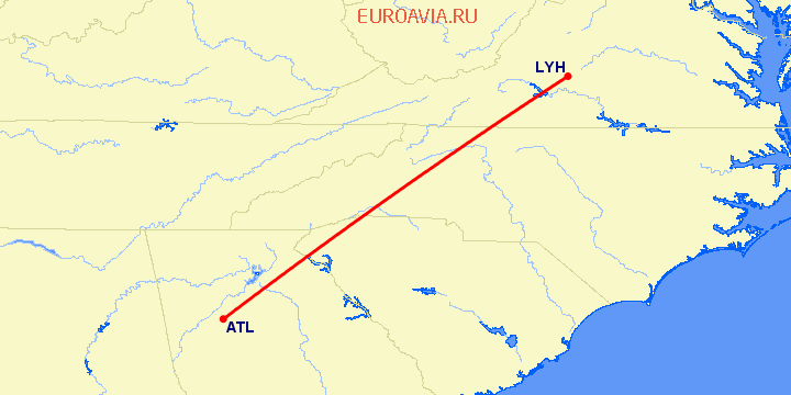 перелет Атланта — Линчбург на карте