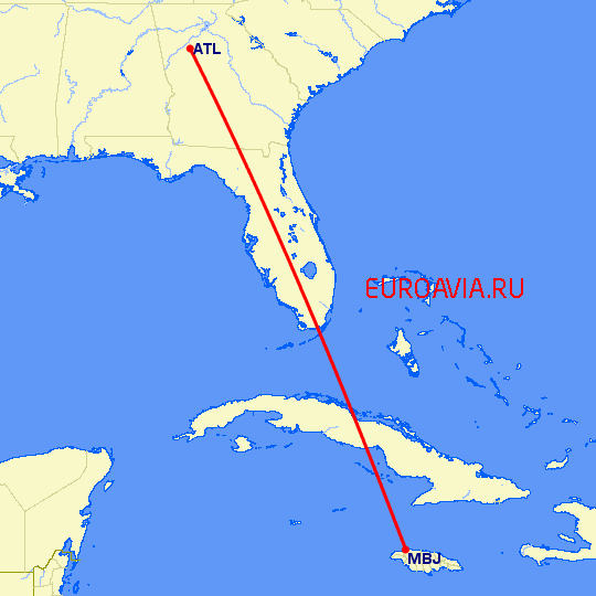 перелет Атланта — Монтего Бей на карте