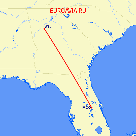 перелет Атланта — Орландо на карте