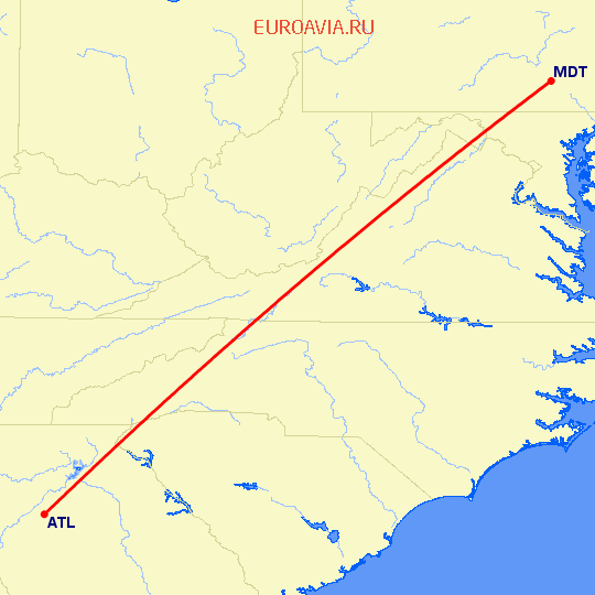 перелет Атланта — Харрисбург на карте