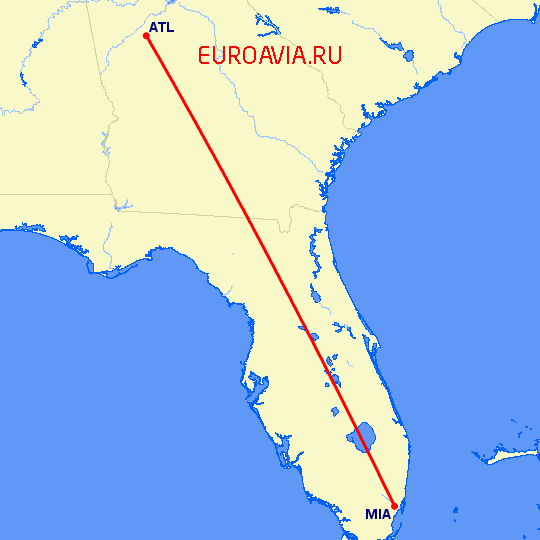 перелет Атланта — Майами на карте