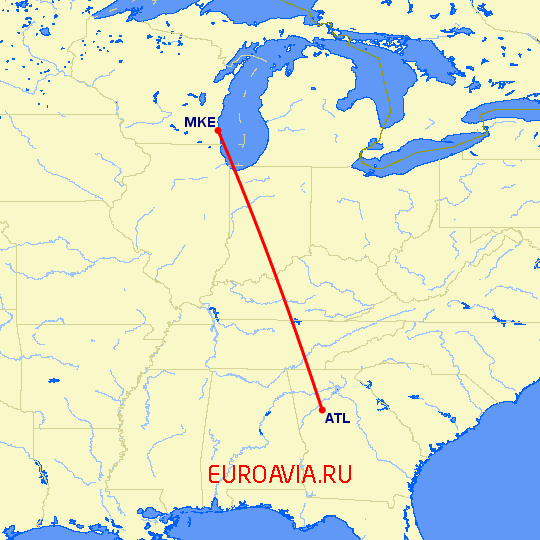 перелет Атланта — Милуоки на карте