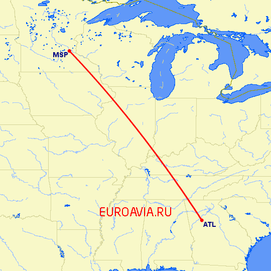 перелет Атланта — Миннеаполис на карте