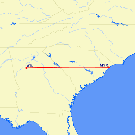 перелет Атланта — Миртл Бич на карте