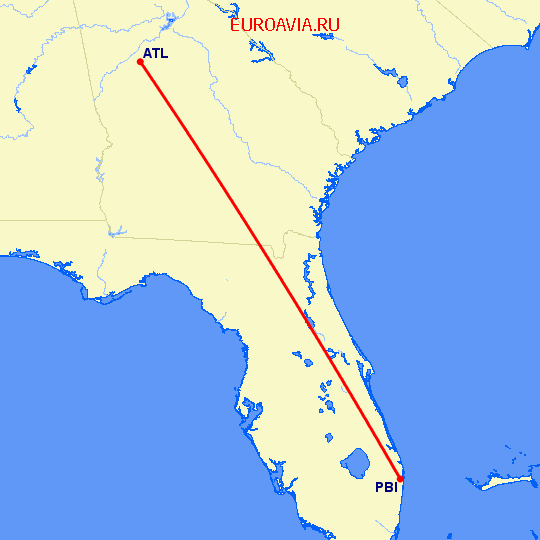 перелет Атланта — Уэст Палм Бич на карте