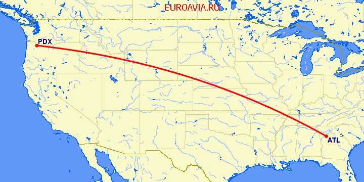 перелет Атланта — Портленд на карте