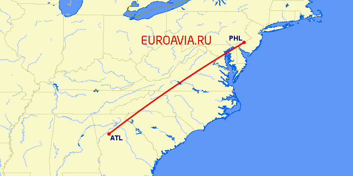 перелет Атланта — Филадельфия на карте