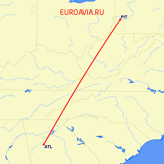перелет Атланта — Питтсбург на карте