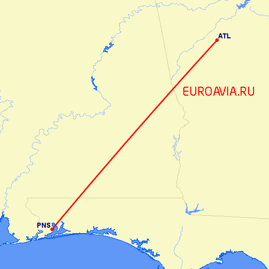 перелет Атланта — Pensacola на карте
