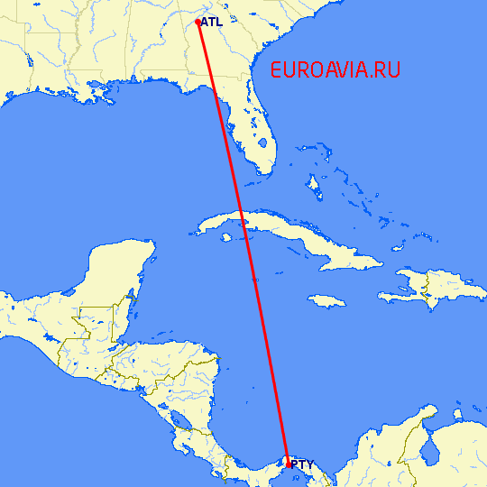 перелет Атланта — Панама Сити на карте
