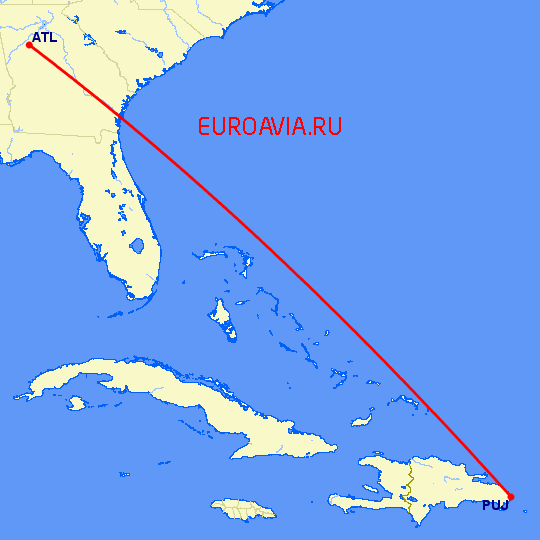 перелет Атланта — Пунта Кана на карте