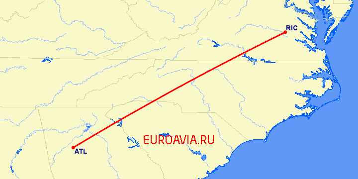 перелет Атланта — Ричмонд на карте