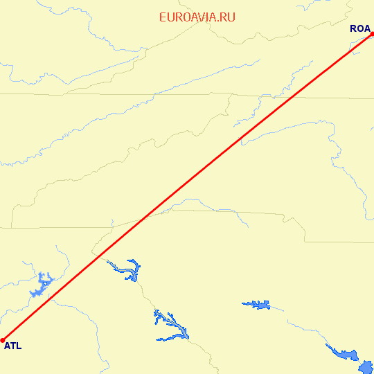 перелет Атланта — Roanoke на карте