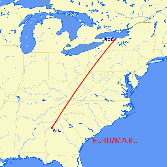 перелет Атланта — Рочестер на карте