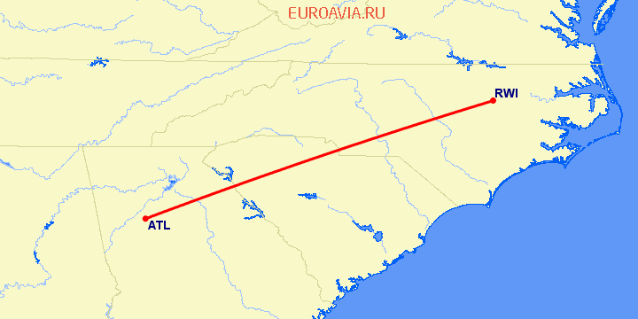 перелет Атланта — Rocky Mount на карте