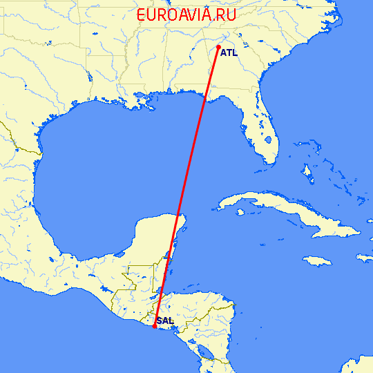 перелет Атланта — Сан Сальвадор на карте