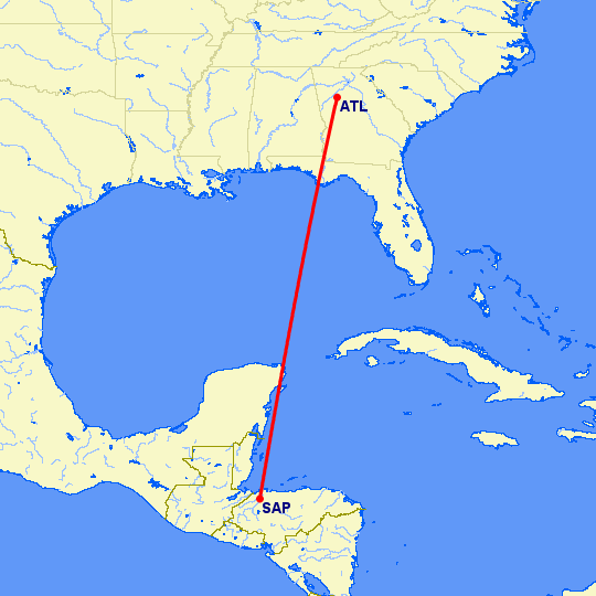 перелет Атланта — San Pedro Sula на карте