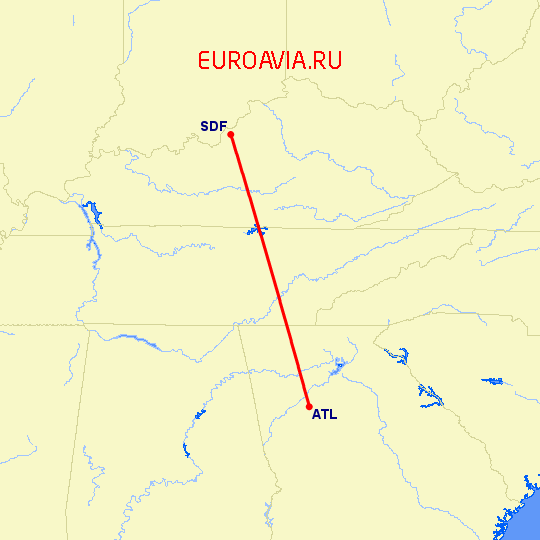 перелет Атланта — Луисвилл на карте