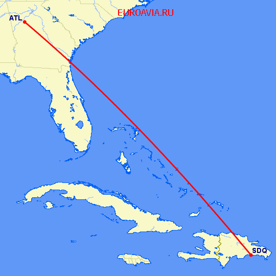 перелет Атланта — Санто Доминго на карте