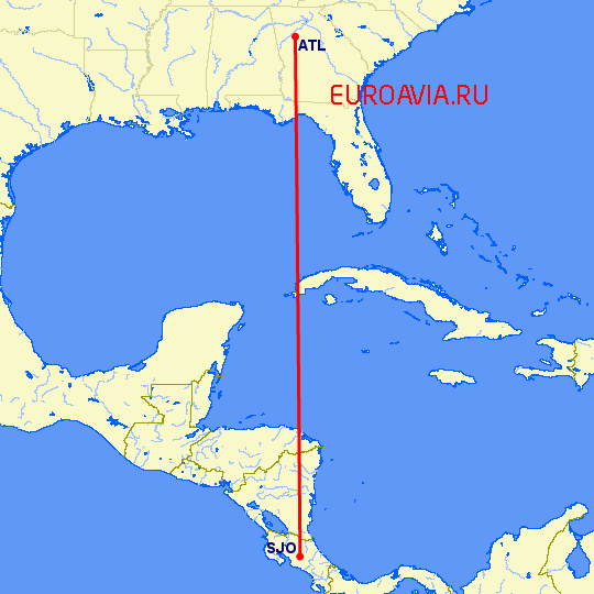 перелет Атланта — Сан Хосе на карте
