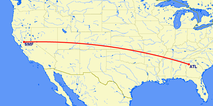 перелет Атланта — Сакраменто на карте