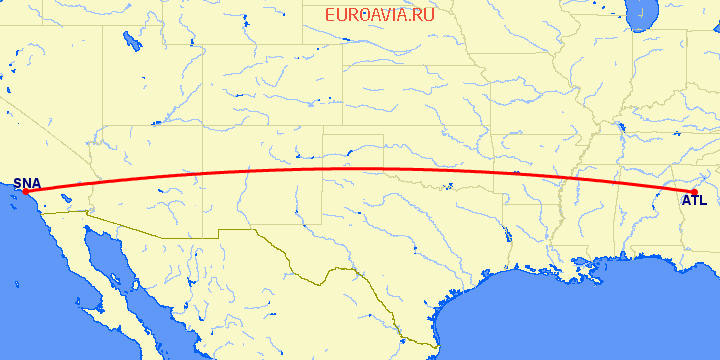 перелет Атланта — Санта Ана на карте