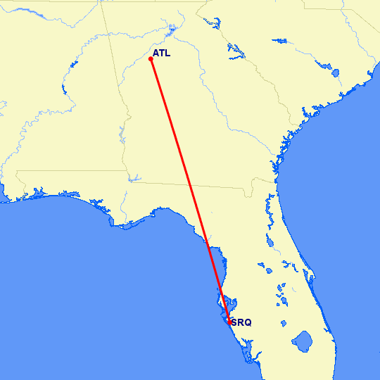 перелет Атланта — Сарасота на карте