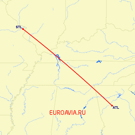 перелет Атланта — Сент Луис на карте