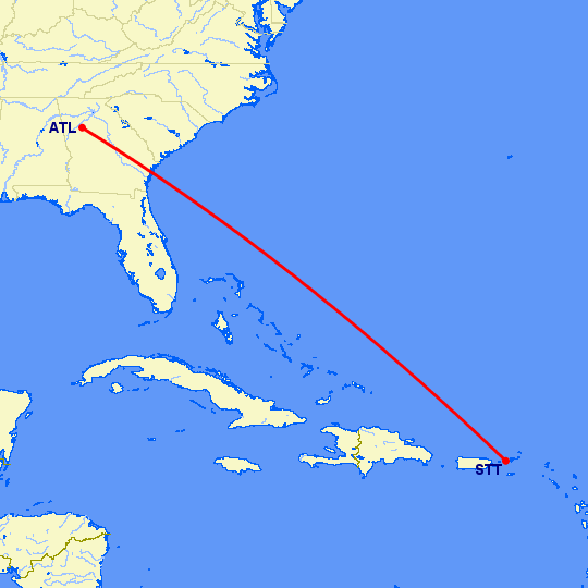 перелет Атланта — Charlotte Amalie St Thomas на карте
