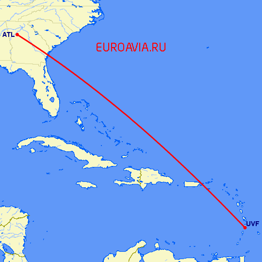 перелет Атланта — St Lucia на карте