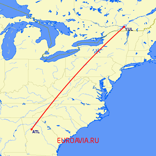 перелет Атланта — Монреаль на карте