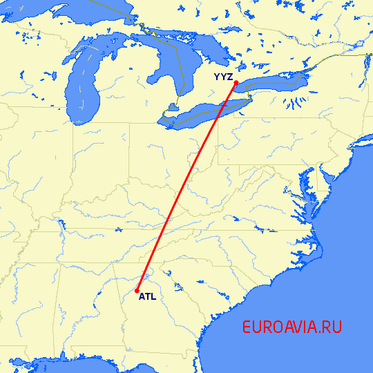 перелет Атланта — Торонто на карте