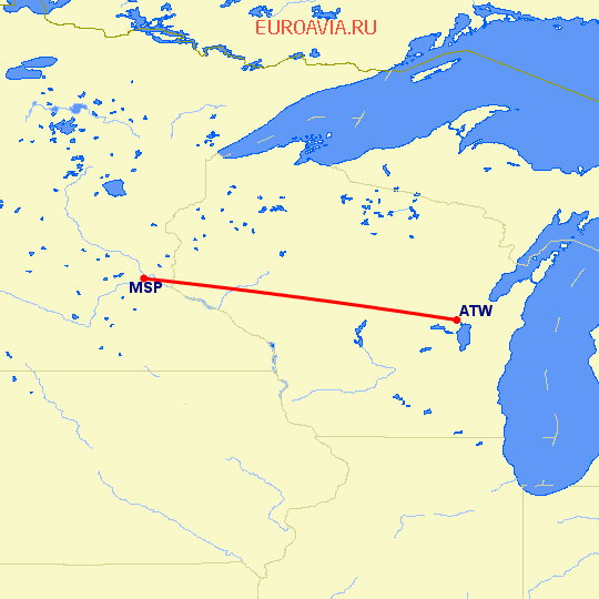 перелет Эпплтон — Миннеаполис на карте