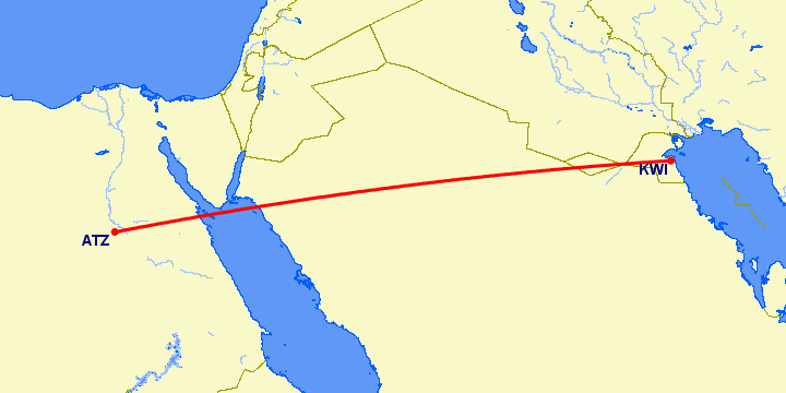 перелет Асьют — Кувейт на карте