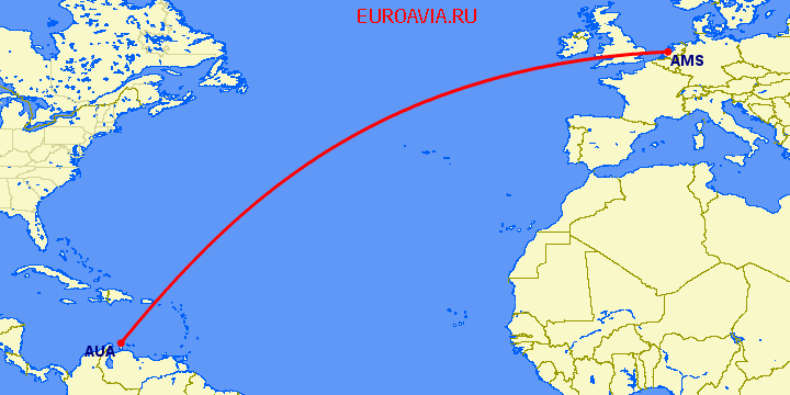 перелет Aruba — Амстердам на карте