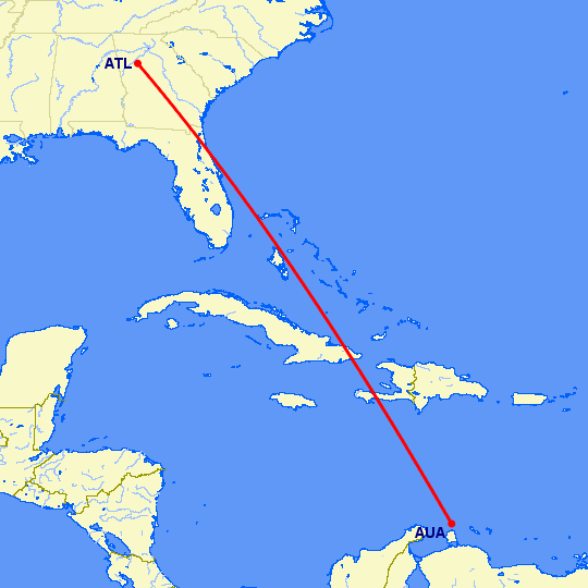 перелет Аруба — Атланта на карте