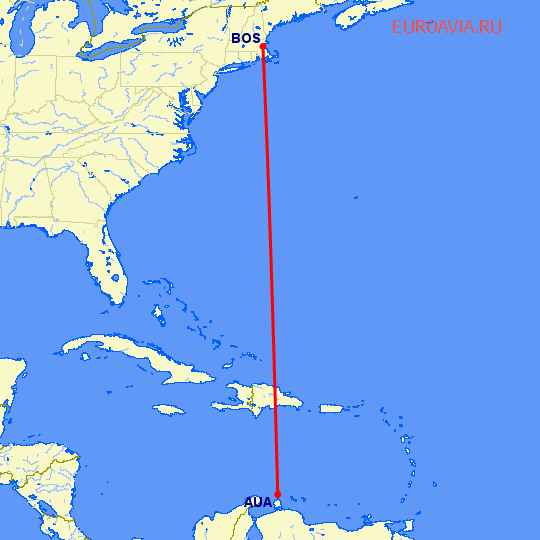 перелет Аруба — Бостон на карте