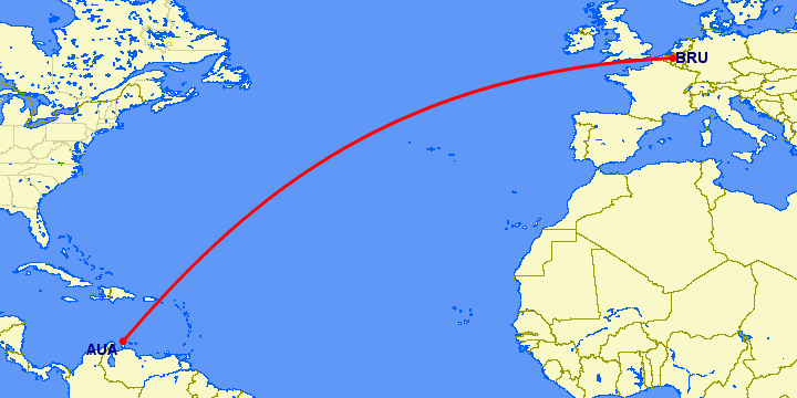 перелет Аруба — Брюссель на карте
