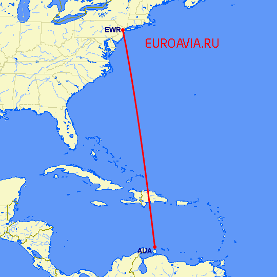 перелет Aruba — Ньюарк на карте