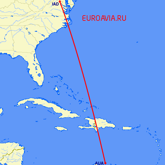 перелет Aruba — Вашингтон на карте